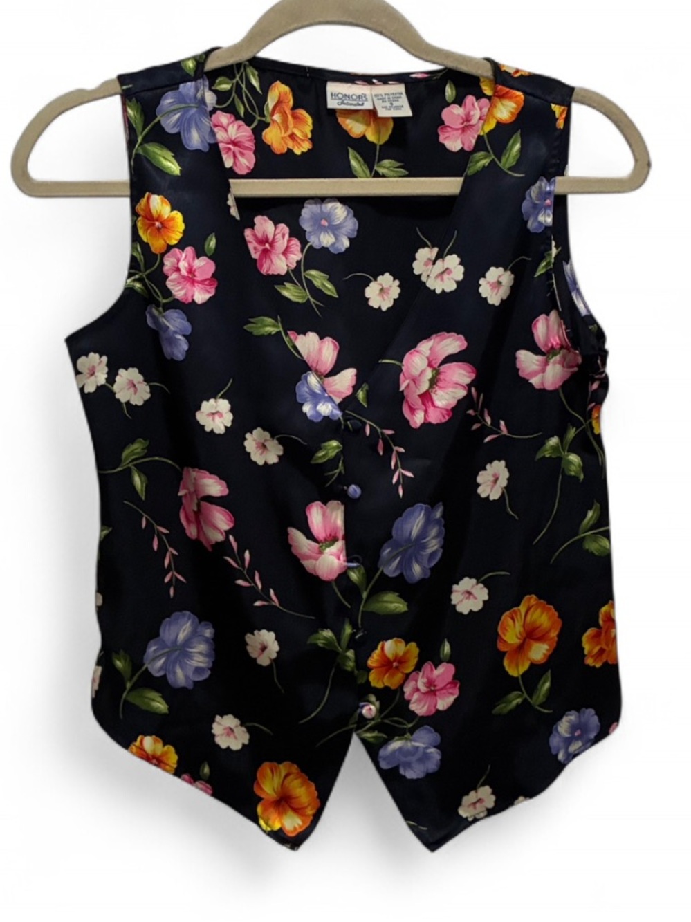 Y2K Honors Dark Blue Floral Print Sleeveless Button Down Top